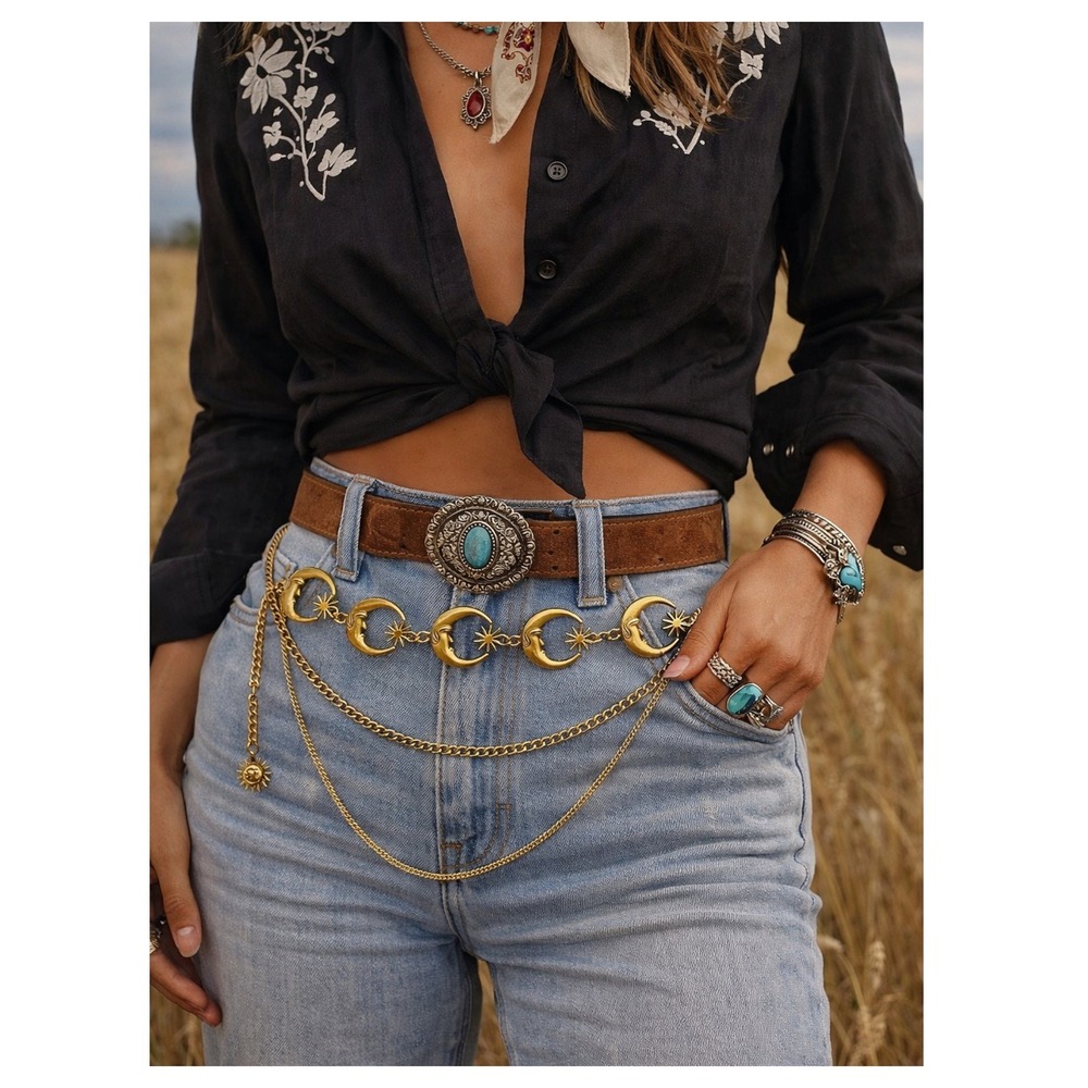 Celestial Crescent Moon & Star layered multi cascade Chain Belt Boho western